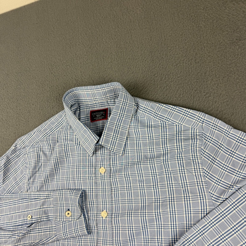 Untuckit Shirt Men's M Blue Morisoli Plaid Performance Nylon Blend Stretch Dress